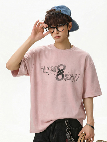 fashion brand imitation suede short-sleeved T-shirt men's spring and summer new retro American contrast color printed loose top T-shirt q