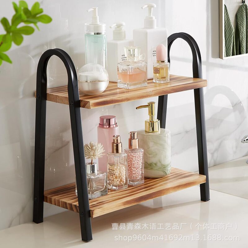 Solid Wood Double-Layer Storage Rack, Desktop Iron-Wood Combination Cosmetics Storage Rack, Toiletries Storage Rack, Green Plant Decoration