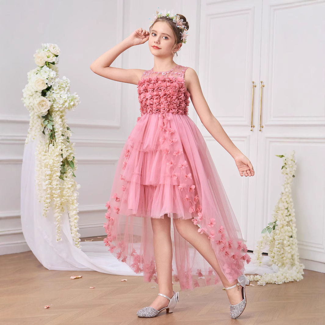 Nuevo vestido de princesa para niños transfronterizo, vestido de flor de cola con calcomanía, vestido de actuación de piano de pasarela para niñas, falda hinchada