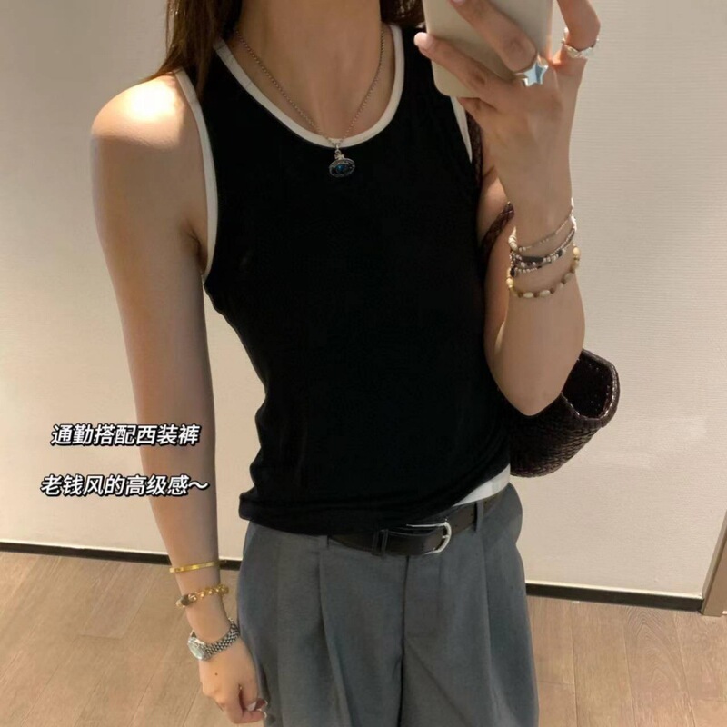 080602早秋新款圆领羊毛拼色无袖修身简约针织背心女款假两件背心|undefined
