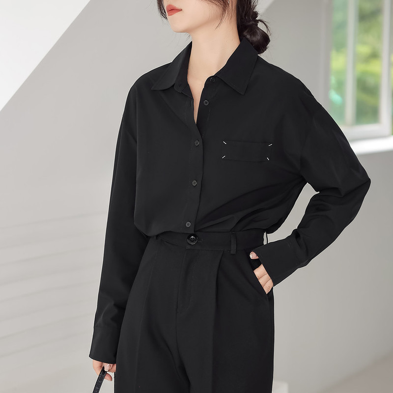 Simple Neutral Style Black Shirt Women's Long Sleeve Spring and Autumn New Korean Style Laid-back Loose Inner Design Sense Shirt Simple Neutral Style Black Shirt Women's Long Sleeve Spring and Autumn New Korean Style Laid-back Loose Inner Design Sense Shirt