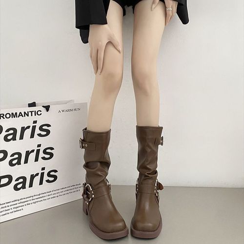 French brown thick-soled western cowboy boots for women 2024 new autumn thick heel retro slim Martin boots