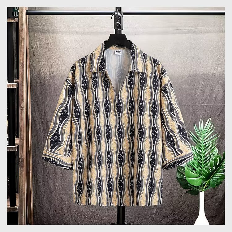 Summer Men's Short-Sleeve Printed Slim Fit Korean Style Casual Three-Quarter Sleeve Wrinkle-Resistant Shirt