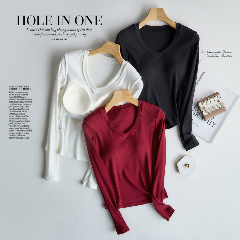 Knitted Knitwear with Breast Pads, Versatile Long-Sleeved T-Shirt for Women, V Neck Pullover, Slim Fit Inner Layering Shirt, Pure Color Autumn and Winter
