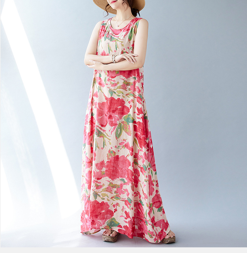 Real Shot Of The 2024 Summer New Bohemian Artistic Loose Sleeveless Round-neck Printed Mid-length Dress For Women_ecoleips.com