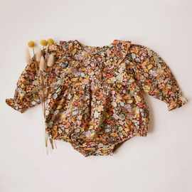dropshipping仿麻碎花女婴爬服花边领欧美爬服速卖通童装长袖女孩