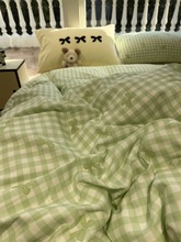 少女水洗棉绿色蝴蝶结格子床上四件套1.5m1.8米全棉床单被套宿舍