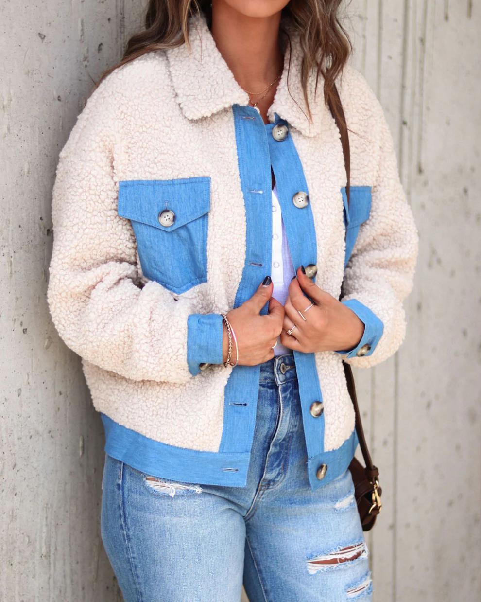 simple woolen long sleeve denim crop jacket NSYF138759