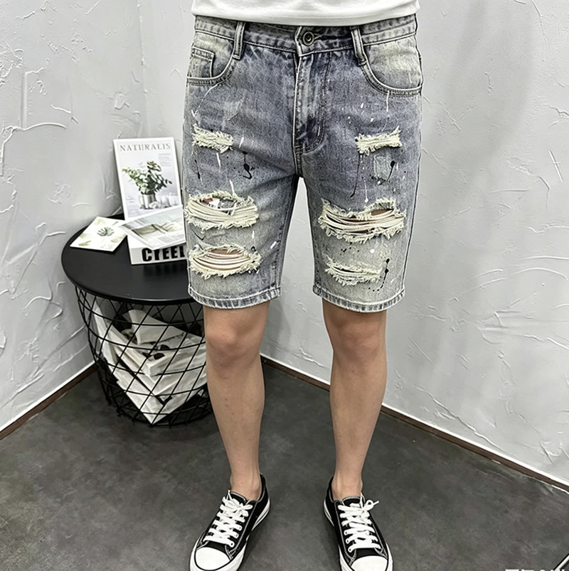 Herren Denim Shorts Retro Distressed Patchwork Stretch Sommerhose_voghion.com
