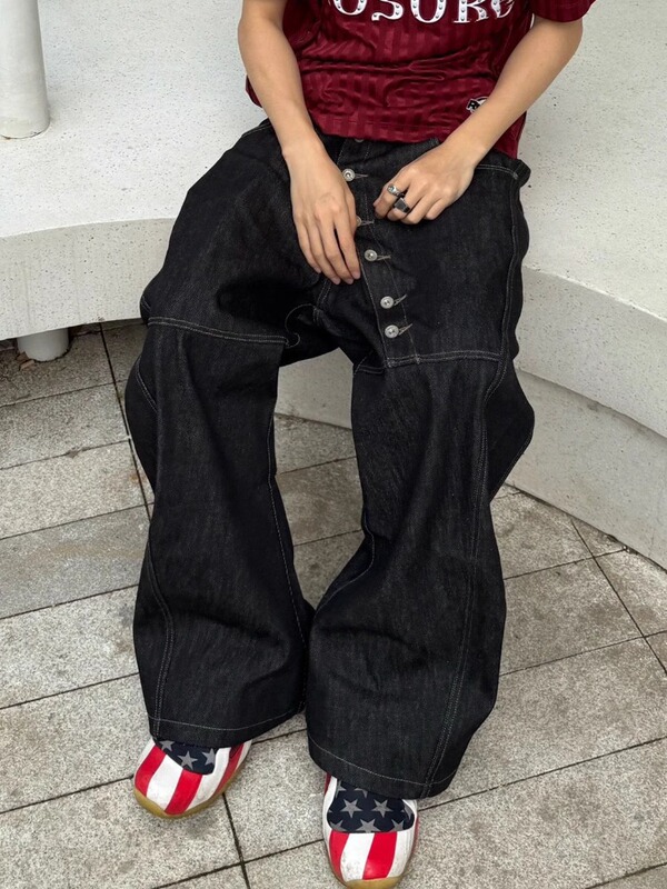 高街弯曲长排扣弯刀牛仔裤男夏季宽松美式cleanfit阔腿拖地长裤潮|undefined