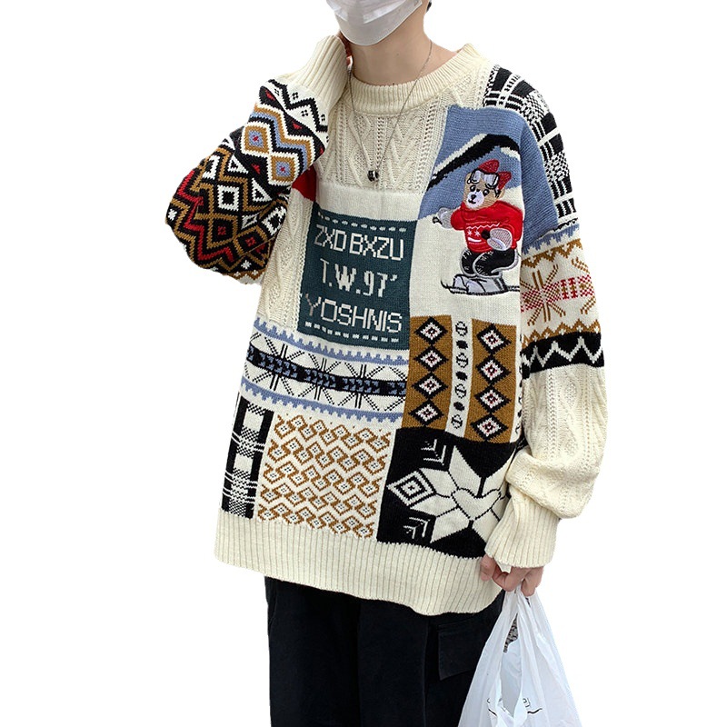 Suéter navideño para parejas, suéter de cuello redondo para hombre, estilo exportación, holgado, para otoño e invierno, suéter tipo cuello alto, abrigo grueso y cálido para jóvenes