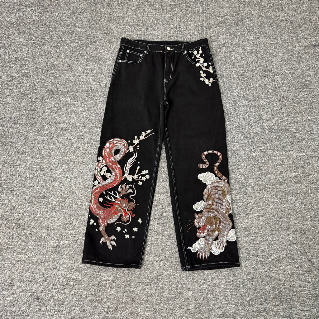 derschutze Jeans Dragon Tiger Embroidery Straight Black