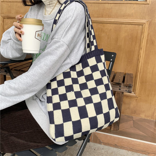 110281 Knitted checkerboard bag for women autumn and winter new casual tote bag large capacity portable canvas bag ins