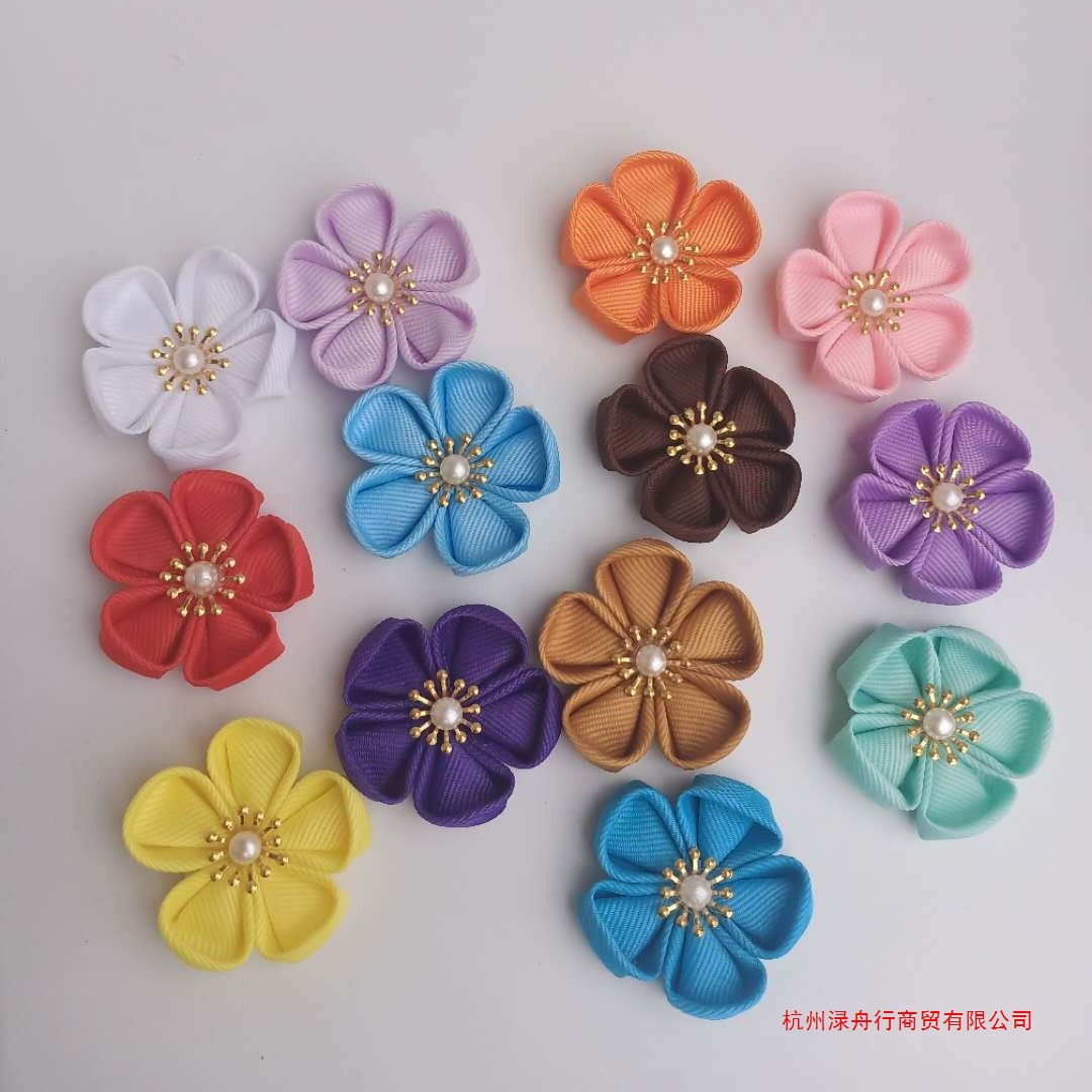和风发饰细工花材料 纯色罗纹带手工单花五瓣花朵半成品配件无