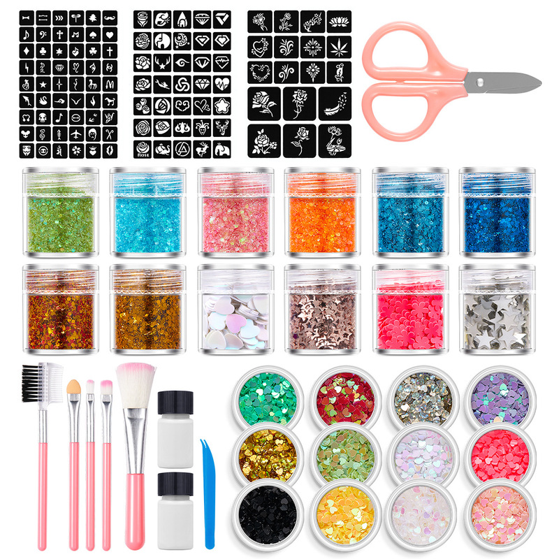 Glitter Powder Tattoo Stickers Holiday Theme Manicure DIY Jewelry Set Glitter Sequin Brush Tweezers Glue Wholesale