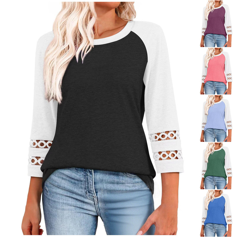 Amazon Cross-Border European and American Women's Loose Splicing 3/4 Sleeve Pure Color Round Neck Top T-Shirt Three-Quarter Sleeve Round Neck Top