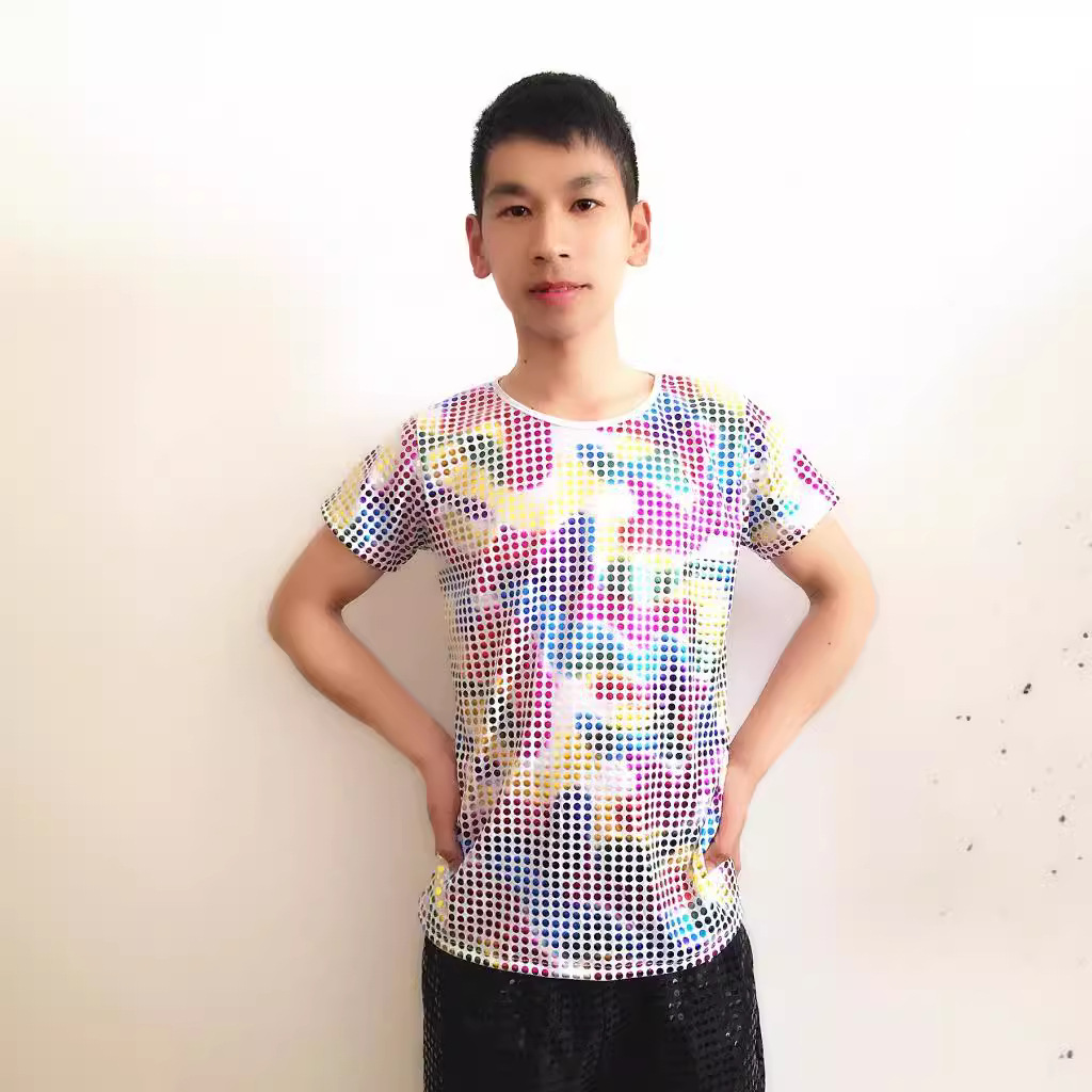 Ropa de rendimiento de estiramiento recto para hombres y mujeres ropa de baile de jazz moderna etapa con lentejuelas Camiseta de manga corta top