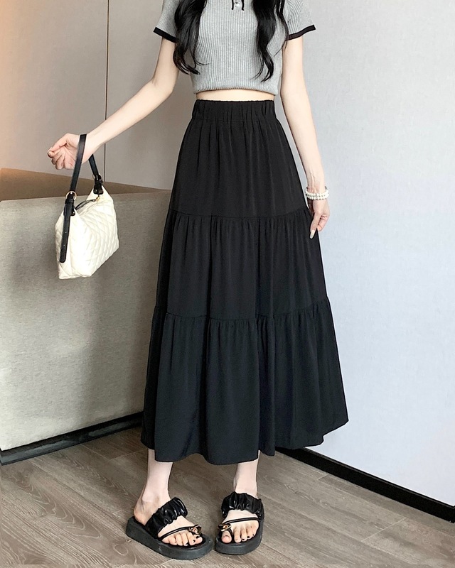 黑色伞裙半身裙女小个子夏季2025新款垂坠感中长裙高腰白色a字裙|undefined