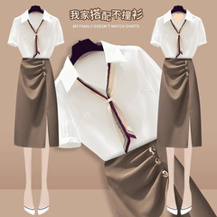 气质职业套装女2025夏季新款高级感飘带领衬衣收腰包臀裙两件套