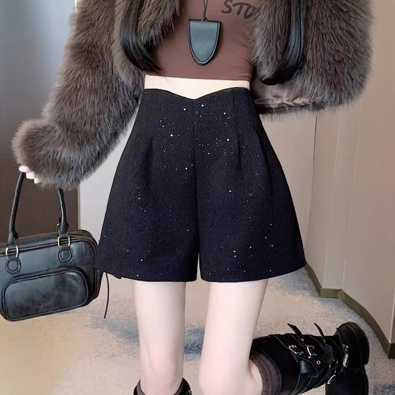2024 autumn and winter tweed sparkling sequins high waist A- line shorts women's tweed boots pants hot girls wide leg pants
