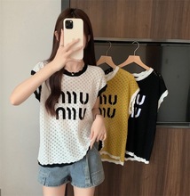 镂空外搭短袖针织衫女夏季薄款修身百搭宽松字母图案减龄上衣女潮