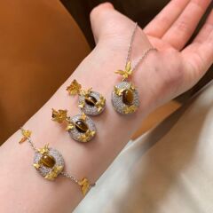 秋冬显白S925银金蝶虎眼项链手链女复古风椭圆造型个性百搭耳钉
