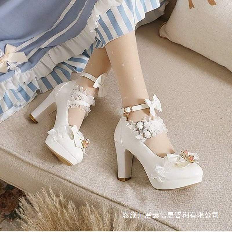 Jinbukang-Large Size Japanese Style Spring & Fall Bell Lace Bow Lolita Ta High Heel Jk Uniform Shoes Thick Heel