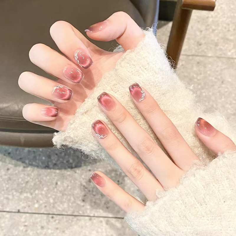 White Wine Red Moonlight Cat's Eye French Flash Joker European and American ins Style Removable Nail Pieces Wear Armor 30 Pieces