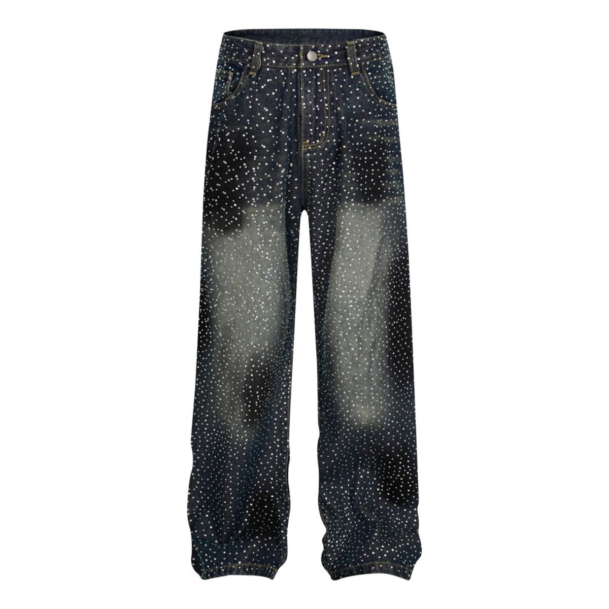 Retro American Chinese Style Couple Jeans Loose Wide Leg Floor Length Trousers With Rhinestones And Sparkles For Men Spring Autumn_mkmklike.com