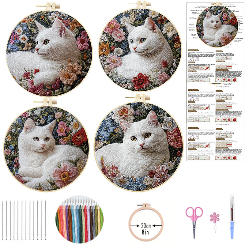 跨境新款猫咪手工刺绣diy材料包初学手工简单DIY英文图解鲁绣手绣|undefined