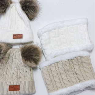 Children's Twist Hat and Scarf Two-Piece Set Cross-Border Knitted Hat Double Ball Leather Label Hat Set Foreign Trade