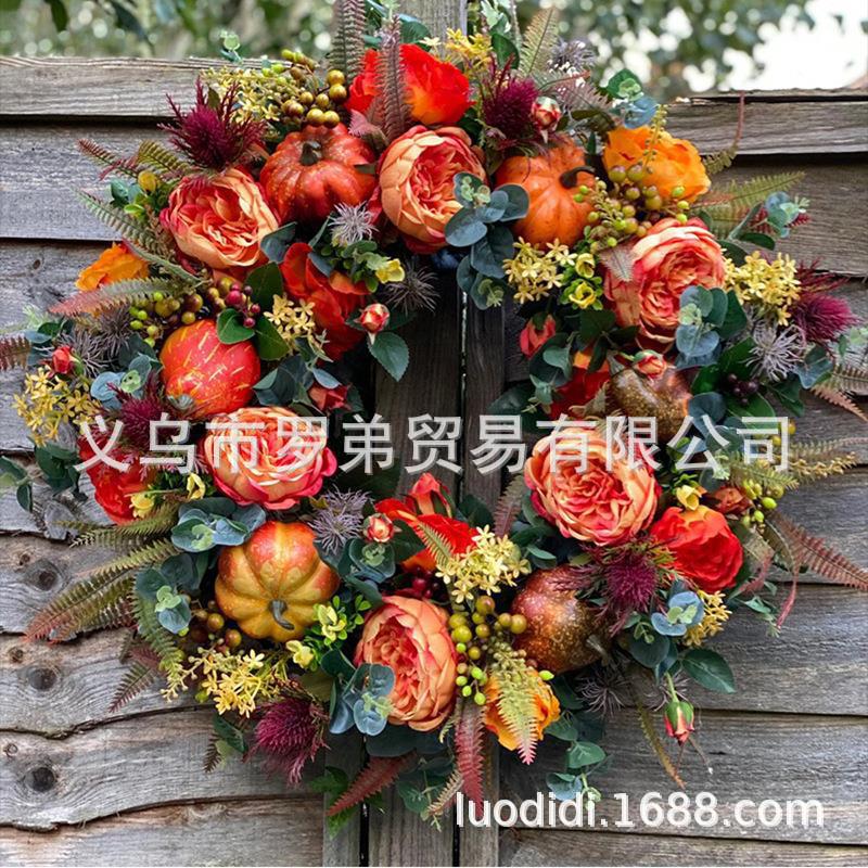 跨境亚马逊秋色花环南瓜浆果门挂丰收节藤圈感恩节仿真枫叶花环