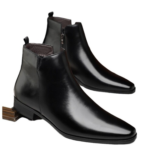 Chelsea boots with high tops, leather boots for men, pointed toe, British style, wind-resistant mid-sole boots.