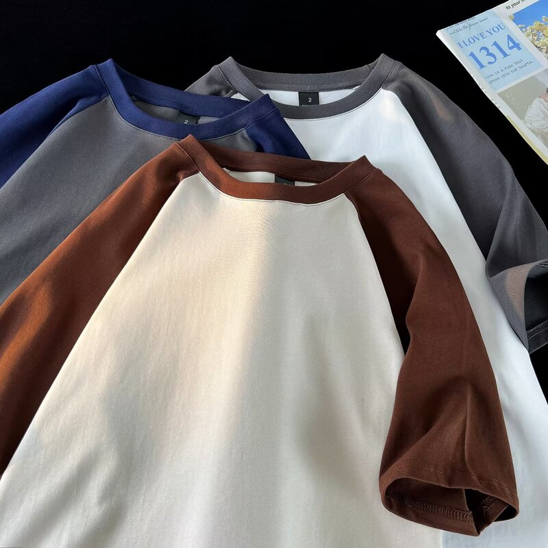 American 250g heavy raglan sleeve T-shirt men's cotton short sleeve color matching drop shoulder round neck loose cotton T-shirt summer