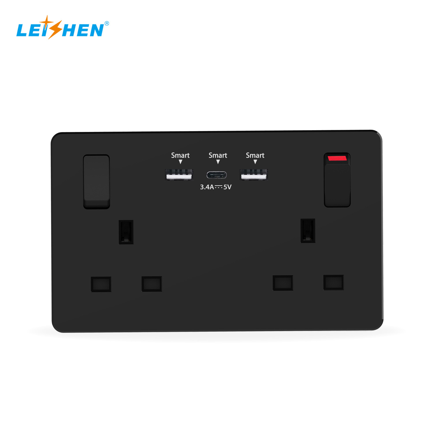 灰色黑色英式 港式开关插座英标13A三孔方脚 TYPEC 插座