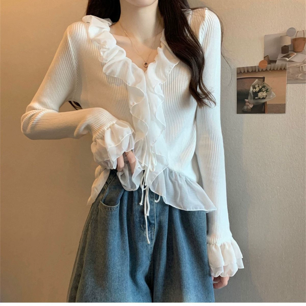 Новая французская знаменитая женщина ветер лотос воротник с кружевным сшитым трикотажом осенью и зимой