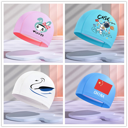 New PU layer swimming cap children's special waterproof swimming cap for small and medium-sized children loose cartoon cute swimming cap wholesale