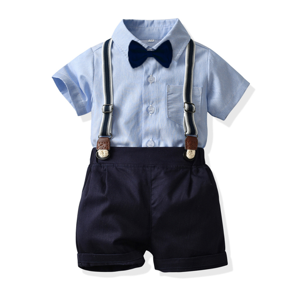 Verano de moda coreana corbata de color sólido camisa de manga corta para niños correa clip pantalones cortos vestido traje de rendimiento