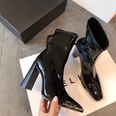 Women's Short Boots: Metallic Square-Toe, Chunky Heel, Patent Leather Ultra-High-Heel Shoes—Fall/Winter New Arrival, KENDO Style, Internet-Famous Skinny Fit, Stretchy Boot