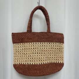 新款夏季女士大容量镂空编织沙滩包单肩包拉菲草手钩度假手提草包