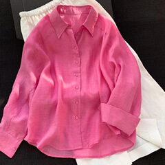 CHAOレベルの推奨！ラズベリーパウダーリネンシャツレディース春夏新作オールドマネースタイル通気性廊下形ラミー日焼け止め服