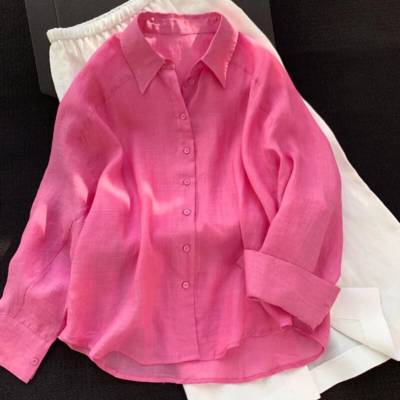 Highly Recommended! Raspberry Pink Linen Shirt for Women, New Spring and Summer Style, Old Money Style, Breathable, Loose Fit, Ramie Sun Protection Shirt Highly Recommended! Raspberry Pink Linen Shirt for Women, New Spring and Summer Style, Old Money Style, Breathable, Loose Fit, Ramie Sun Protection Shirt