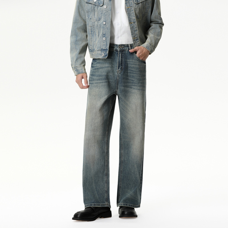 Mtlclothes Men's Clothing | American High Street Whiskered White Straight-Leg Loose Washed Jeans Versatile for Everyday Wear Trendy