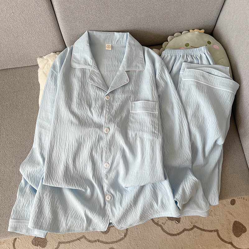 大码100%纯棉纱男士睡衣春秋款长袖简约黑色外穿家居服夏季套装|undefined
