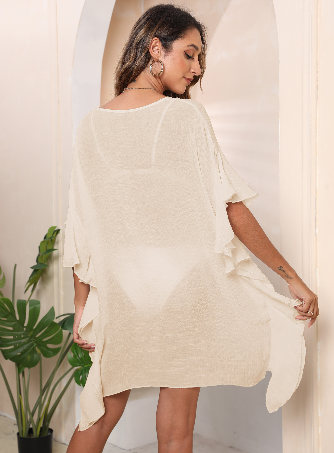 Femme Robe Volants Couleur unie Simple Ample Plage Cover-up_voghion.com