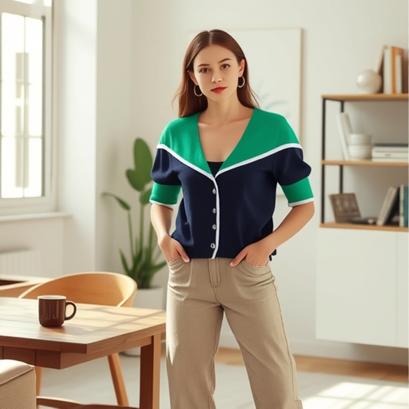 Foreign Trade Women's Clothing 2025 Summer New Style French Navy Collar Contrasting Lapel Knitted Top