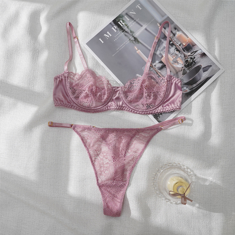 Set sutien sexy cu jumătate de cupă din dantelă colorată Ding, ultra subțire, cu pantaloni T_voghion.com