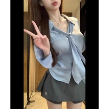 今年流行漂亮女夏盐系轻熟风时尚条纹衬衫长袖女领带上衣防晒休闲