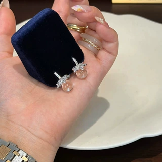 法式复古花朵白水晶耳扣温柔气质百搭耳环小众设计感简约耳饰女