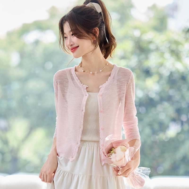 Новый летний высококачественный вязаный кардиган из ледяного шелка для женщин, тонкая верхняя одежда с юбкой, шаль, солнцезащитная рубашка с длинными рукавами и кондиционером.